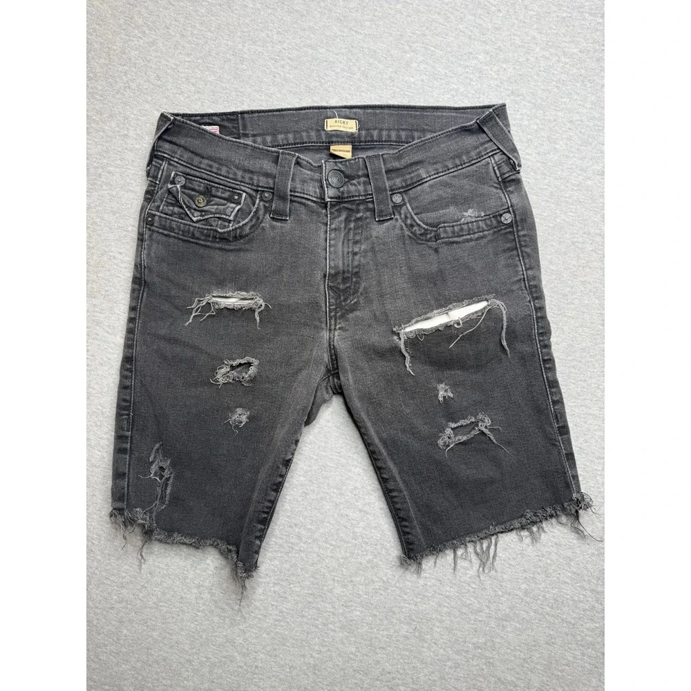 True Religion Shorts Mens 32 Black Ricky Relaxed Straight Jorts Denim Cut Off